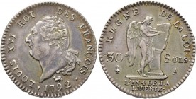 Ausländische Münzen und Medaillen
Frankreich-Königreich. Constitution 1791-1792. 
30 Sols 1792 (L'AN 4) -Paris-. Gad. 39, Dupl. 1720.
feine Patina,...