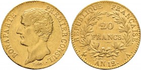 Ausländische Münzen und Medaillen
Frankreich-Königreich. Bonaparte, 1. Konsul 1799-1804. 
20 Francs AN 12 (1803/04) -Paris-. Mit Titulatur PREMIER C...