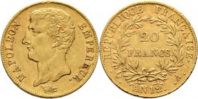 Ausländische Münzen und Medaillen
Frankreich-Königreich. Bonaparte, 1. Konsul 1799-1804. 
20 Francs AN 12 (1803/04) -Paris-. Mit Titulatur EMPEREUR....