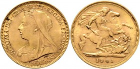 Ausländische Münzen und Medaillen
Großbritannien. Victoria 1837-1901. 
1/2 Sovereign 1901. Spink 3878, Fr. 397, Schl. 448. 3,98 g
vorzüglich