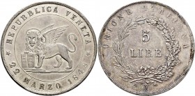 Ausländische Münzen und Medaillen
Italien-Venedig. Provisorische Regierung 1848-1849. 
5 Lire 1848. Mit Randschrift "DIO BENEDITE L'ITALIA*". Pagani...