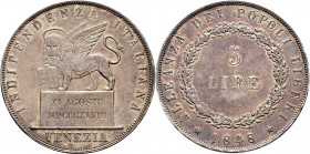 Ausländische Münzen und Medaillen
Italien-Venedig. Provisorische Regierung 1848-1849. 
5 Lire 1848. Mit Randschrift "DIO PREMIERA'LA COSTANZA*". Pag...