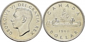 Ausländische Münzen und Medaillen
Kanada. . 
1 Dollar 1948. KM 46
der seltenste Jahrgang in feiner Erhaltung, winzige Randfehler, fast Stempelglanz...