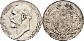 Ausländische Münzen und Medaillen
Liechtenstein. Johann II. 1858-1929. 
5 Franken 1924 -Bern-. Divo 104, J. 10, Dav. 217.
kleine Randfehler, gutes ...