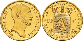 Ausländische Münzen und Medaillen
Niederlande- Königreich. Willem II. 1840-1849. 
10 Gulden 1842 -Utrecht-. Kopf des Königs nach rechts, am Halsabsc...