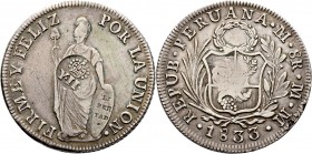 Ausländische Münzen und Medaillen
Peru. Republik. 
8 Reales 1833 -Lima-. Mit GEGENSTEMPEL "Gekröntes Y.II." (für Isabella II.) von den PHILIPPINEN (...
