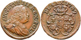 Ausländische Münzen und Medaillen
Polen. August III. von Sachsen 1733-1763. 
Cu-Schilling (Szelag) 1749 -Dresden-. Kopicki 2025 (R2), Gum. 2128, Slg...