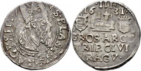 Ausländische Münzen und Medaillen
Ragusa, Republik. . 
3 Gröscher (Artiluk) 1631. Mit Brustbild des Hl. Blasius. Barac 204.
selten, leichter Doppel...