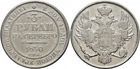 Ausländische Münzen und Medaillen
Russland. Nikolaus I. 1825-1855. 
3 Rubel (PLATIN) 1830 -St. Petersburg-. Bitkin 75 (R), Uzdenikov 367, Fr. 160. 1...