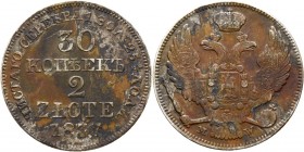 Ausländische Münzen und Medaillen
Russland. Nikolaus I. 1825-1855. 
30 Kopeken zu 2 Zloty 1837 -Warschau-. Prägung für POLEN. Bitkin 1155, Uzdenikov...
