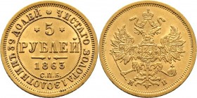 Ausländische Münzen und Medaillen
Russland. Alexander II. 1855-1881. 
5 Rubel 1863 -St. Petersburg-. Bitkin 9, Uzdenikov 245, Fr. 163. 6,52 g
vorzü...