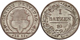 Ausländische Münzen und Medaillen
Schweiz-Freiburg. . 
1 Batzen (zu 10 Rappen) 1811. DT 112, HMZ 2-286c, MCV 78.
vorzüglich
