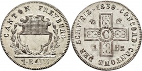 Ausländische Münzen und Medaillen
Schweiz-Freiburg. . 
1 Konkordatsbatzen 1830. DT 114, HMZ 2-286g, MCV 84.
vorzüglich-Stempelglanz
