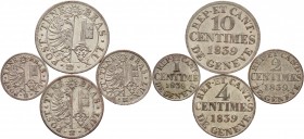 Ausländische Münzen und Medaillen
Schweiz-Genf. . 
Lot (4 Stücke): 10, 4 und 2 Centimes sowie 1 Centime 1839. DT 283a,287,288,289a.
vorzüglich, der...