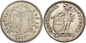 Ausländische Münzen und Medaillen
Schweiz-Tessin. . 
1 Franken 1813 -Bern-. Ohne Münzzeichen. DT 215a, HMZ 2-925b.
seltenes Prachtexemplar mit fein...