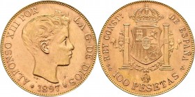 Ausländische Münzen und Medaillen
Spanien. Alfonso XIII. 1886-1931. 
100 Pesetas 1897 (19-61) -Madrid-. Restrike (offizielle Neuprägung). CCT 1 (unt...