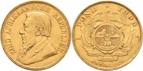 Ausländische Münzen und Medaillen
Südafrika. Republik.
1 Pond 1898. Ohm Krüger. Single shaft wagon tongue. Ein zweites Exemplar. KM 10.2, Fr. 2. 8,0...