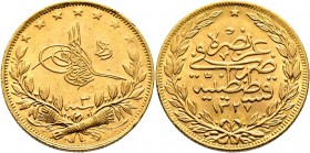Ausländische Münzen und Medaillen
Türkei. Mahmud V. AH 1327-1336/AD 1909-1918. 
100 Piaster AH 1329 (1911). Jahr 3 Reschad. KM 754, Fr. 154, Schl. 6...