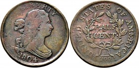 Ausländische Münzen und Medaillen
USA. . 
Cu- Half Cent 1804. Draped Bust (Plain 4, Stemless Wreath). KM 33.
selten, schön
