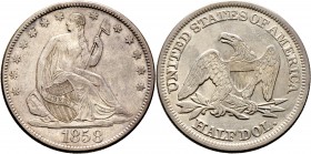 Ausländische Münzen und Medaillen
USA. . 
Half Dollar 1858 -Philadelphia-. Seated Liberty. KM A68.
sehr schön-vorzüglich