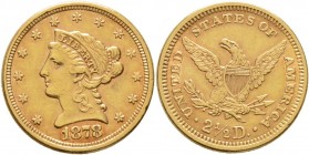 Ausländische Münzen und Medaillen
USA. . 
2 1/2 Dollars 1878 -Philadelphia-. Liberty Head. KM 72, Fr. 114. 4,18 g
kleine Kratzer und Randfehler, se...