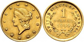 Ausländische Münzen und Medaillen
USA. . 
Golddollar 1849 -Philadelphia-. Liberty Head. KM 73, Fr. 84. 1,67 g
kleine Kratzer, sehr schön-vorzüglich...