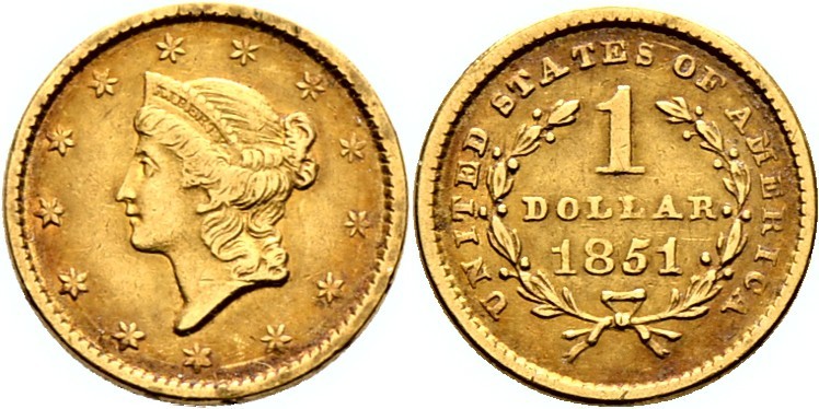 Ausländische Münzen und Medaillen
USA. . 
Golddollar 1851 -Philadelphia-. Libe...