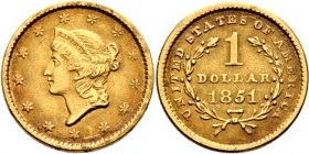 Ausländische Münzen und Medaillen
USA. . 
Golddollar 1851 -Philadelphia-. Liberty Head. KM 73, Fr. 84. 1,65 g
sehr schön