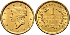 Ausländische Münzen und Medaillen
USA. . 
Golddollar 1853 -Philadelphia-. Liberty Head. KM 73, Fr. 84. 1,66 g
kleine Kratzer auf dem Avers, vorzügl...