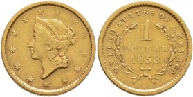 Ausländische Münzen und Medaillen
USA. . 
Golddollar 1853 -Philadelphia-. Liberty Head. KM 73, Fr. 84. 1,65 g
sehr schön