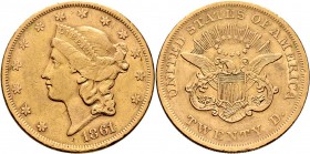 Ausländische Münzen und Medaillen
USA. . 
20 Dollars 1861 -Philadelphia-. Liberty Head. KM 74.1, Fr. 169. 33,44 g
selten, minimale Randfehler, sehr...