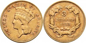 Ausländische Münzen und Medaillen
USA. . 
3 Dollars 1878 -Philadelphia-. Indian Head with hairdress. KM 84, Fr. 124. 4,99 g
selten, gutes sehr schö...