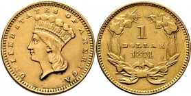 Ausländische Münzen und Medaillen
USA. .
Golddollar 1874 -Philadelphia-. Indian Head Type III. KM 86, Fr. 94. 1,67 g
sehr schön-vorzüglich