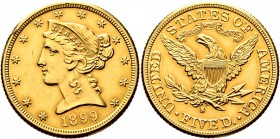 Ausländische Münzen und Medaillen
USA. . 
5 Dollars 1899 -San Francisco-. Liberty Head. KM 101, Fr. 145. 8,38 g
kleiner Randfehler, gutes vorzüglic...