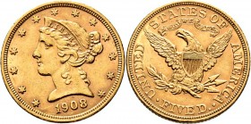 Ausländische Münzen und Medaillen
USA. . 
5 Dollars 1908 -Philadelphia-. Liberty Head. KM 101, Fr. 143. 8,40 g
sehr schön-vorzüglich