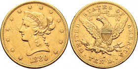 Ausländische Münzen und Medaillen
USA. . 
10 Dollars 1880 -San Francisco-. Liberty Head. KM 102, Fr. 160. 16,74 g
kleine Kratzer, sehr schön