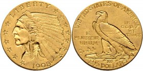 Ausländische Münzen und Medaillen
USA. . 
2 1/2 Dollars 1908 -Philadelphia-. Indian Head. KM 128, Fr. 120. 4,18 g
minimale Kratzer, sehr schön-vorz...