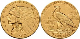 Ausländische Münzen und Medaillen
USA. . 
2 1/2 Dollars 1913 -Philadelphia-. Indian Head. KM 128, Fr. 120. 4,18 g
sehr schön-vorzüglich