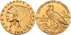 Ausländische Münzen und Medaillen
USA. . 
2 1/2 Dollars 1914 -Philadelphia-. Indian Head. KM 128, Fr. 120. 4,18 g
sehr schön-vorzüglich