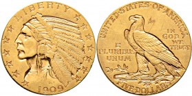 Ausländische Münzen und Medaillen
USA. . 
5 Dollars 1909 -Denver-. Indian Head. KM 129, Fr. 151. 8,38 g
kleine Kratzer auf dem Revers, sehr schön-v...