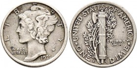 Ausländische Münzen und Medaillen
USA. . 
Mercury-Dime 1921 -Denver-. KM 140.
selten, sehr schön