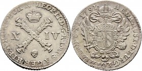 Römisch-Deutsches Reich
Haus Habsburg. Leopold II. 1790-1792. 
14 Liards 1791 -Brüssel-. Für die österreichische Niederlande. Her. 90, J. 92.
leich...