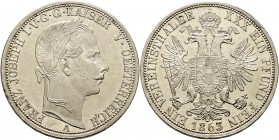 Römisch-Deutsches Reich
Haus Österreich. Franz Josef I., Kaiser von Österreich 1848-1916. 
Vereinstaler 1863 -Wien-. Her. 448, J. 312, Dav. 21, Kahn...