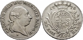 Altdeutsche Münzen und Medaillen
Baden-Durlach. Karl Friedrich 1746-1811. 
1/2 Konventionstaler 1778. Kopf mit Zopf nach rechts / Gekrönter Wappensc...