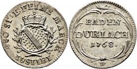 Altdeutsche Münzen und Medaillen
Baden-Durlach. Karl Friedrich 1746-1811. 
2 1/2 Konventionskreuzer 1768. Wiel. 749.
Prachtexemplar, Stempelglanz