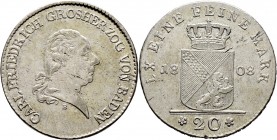 Altdeutsche Münzen und Medaillen
Baden-Durlach. Karl Friedrich 1746-1811. 
20 Kreuzer 1808. Mit B unter der Büste. AKS 13. J. 11
kleine Schrötlings...