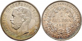 Altdeutsche Münzen und Medaillen
Baden-Durlach. Friedrich I. 1852-1907. 
Gulden 1867. Auf das Zweite Badische Landesschießen in Karlsruhe. AKS 138, ...