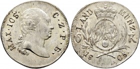 Altdeutsche Münzen und Medaillen
Bayern. Maximilian IV. Joseph 1799-1805. 
6 Kreuzer 1805. AKS 17, Hahn 421. Stutzmann BST 146c
selten in dieser Er...