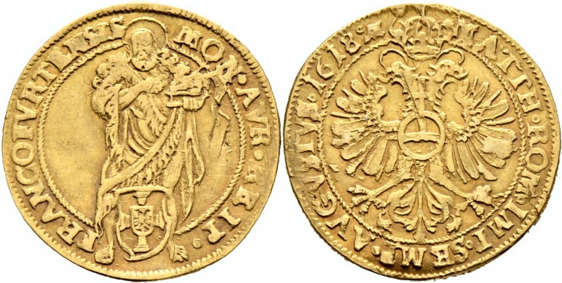 Altdeutsche Münzen und Medaillen
Frankfurt, Stadt. . 
Goldgulden 1618. St. Joh...