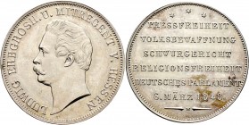 Altdeutsche Münzen und Medaillen
Hessen-Darmstadt. Ludwig III. 1848-1877. 
Gulden, sogen. Pressefreiheitsgulden 1848. AKS 134, J. 48.
seltenes Prac...